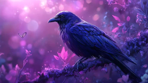 Majestic Raven on Branch in Dreamy Purple Fantasy Artwork.