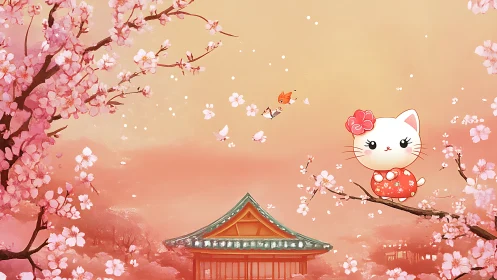 Stylized sakura landscape frames kawaii cat in patterned kimono