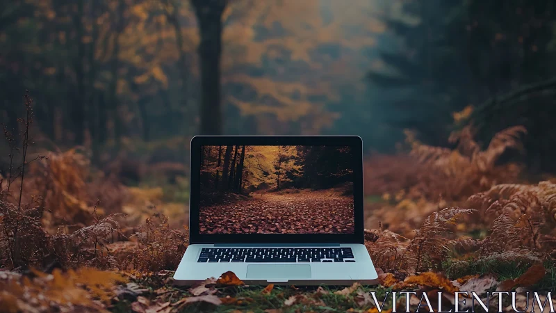 Open laptop on forest floor displaying aligned autumn path