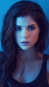 Iridescent portrait of young woman in cool blue light.