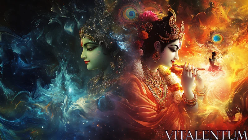 Two divine figures contrasted in blue shadow and fiery light