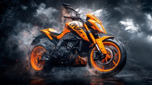 Orange sport motorcycle in dramatic wet urban storm scene.