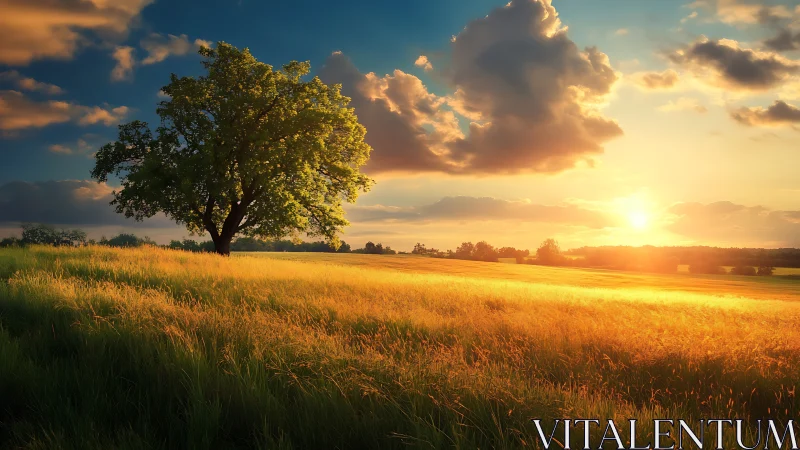 Solitary tree in golden field at low warm sunset light.