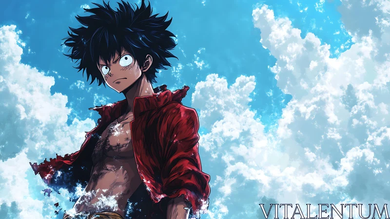 Anime male figure in red shirt against bright clouded sky.