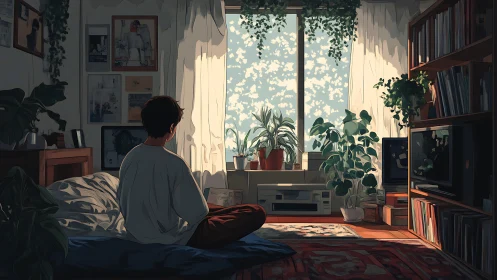 Quiet morning light fills a plant-lined bedroom sanctuary.