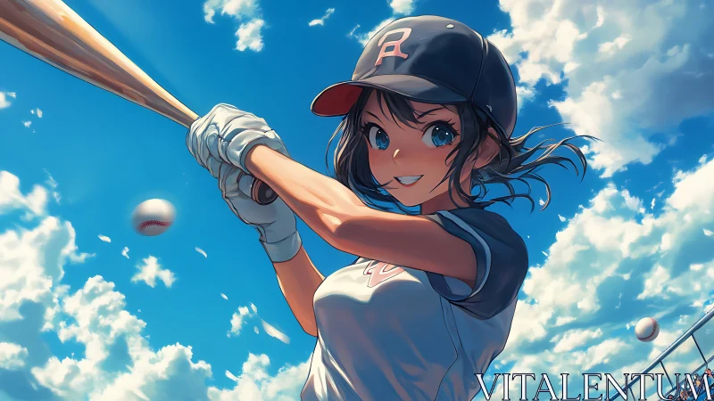 Anime style batter preparing swing under bright sky.