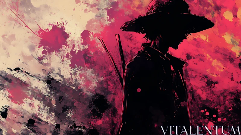 Silhouetted swordsman in hat against red abstract sky.