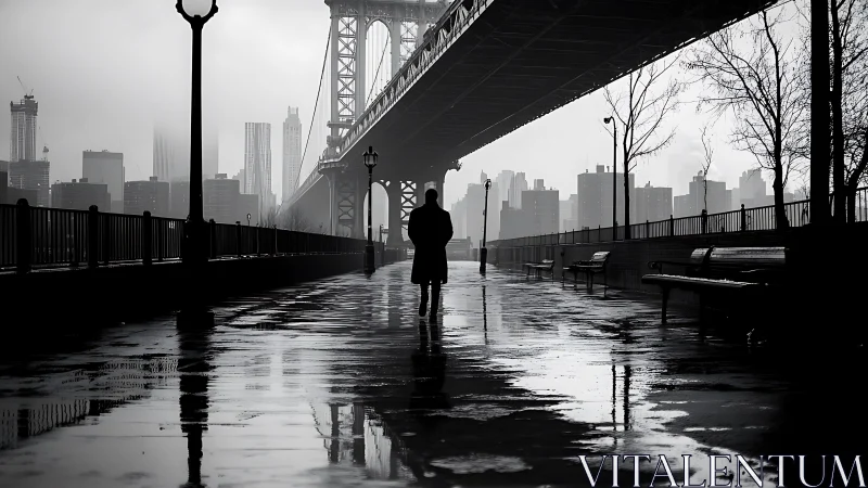 Solitary figure walks under city bridge on wet promenade