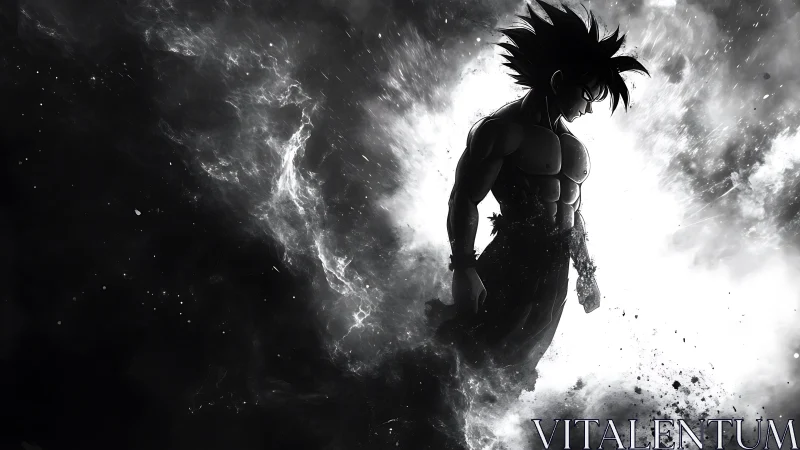 Monochrome anime warrior in high-contrast nebular eruption.