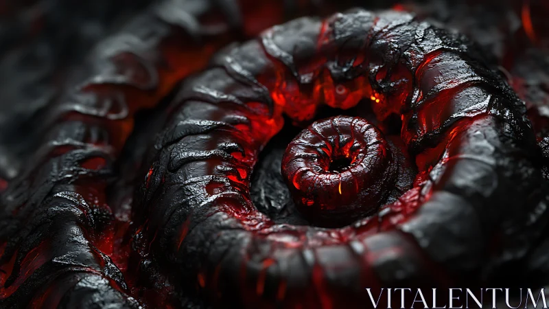 Molten red spiral core in charred organic surface.
