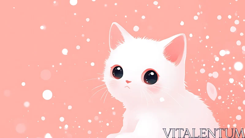 Stylized White Feline Character with Oversized Expressive Eyes Against Peachy-Coral Background