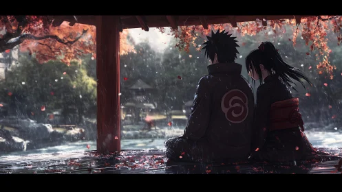 Autumn rain pavilion rendezvous with cinematic depth cues.