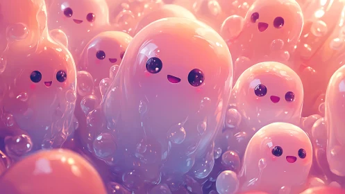 Giggling jelly spirits bob through a glowing pastel foam dream