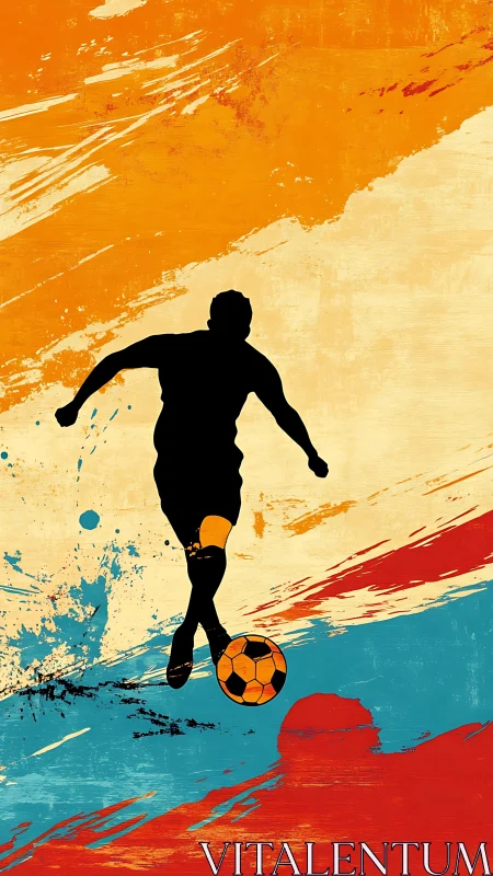 Color-splashed soccer silhouette dancing across bold strokes.