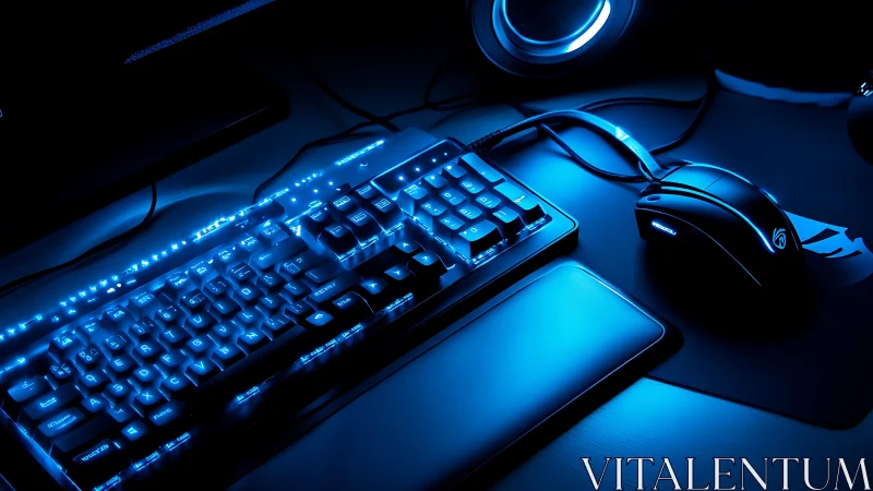 Gaming keyboard and mouse glow with electric blue backlight.
