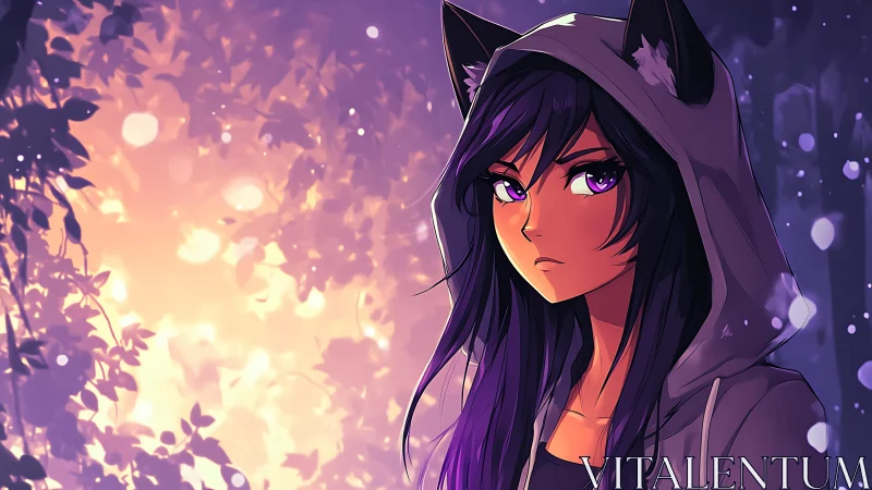 Hooded cat-eared girl in violet bokeh forest light portrait.