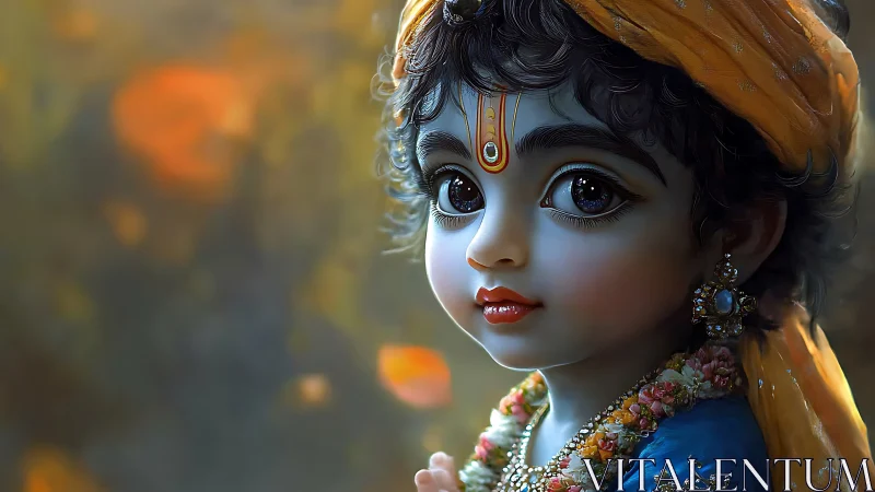 Digital painting of ornate child deity with large eyes.
