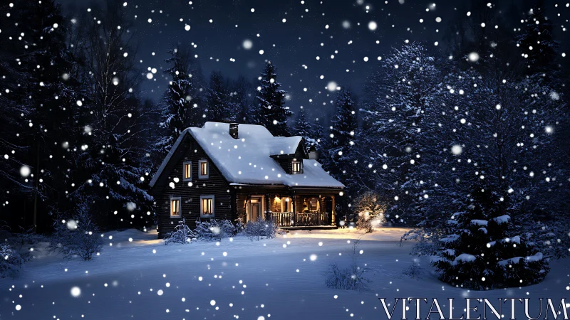 Snowfall envelops illuminated cabin amid dense winter forest.