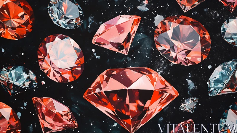 Faceted red and teal gemstones rendered with high contrast lighting