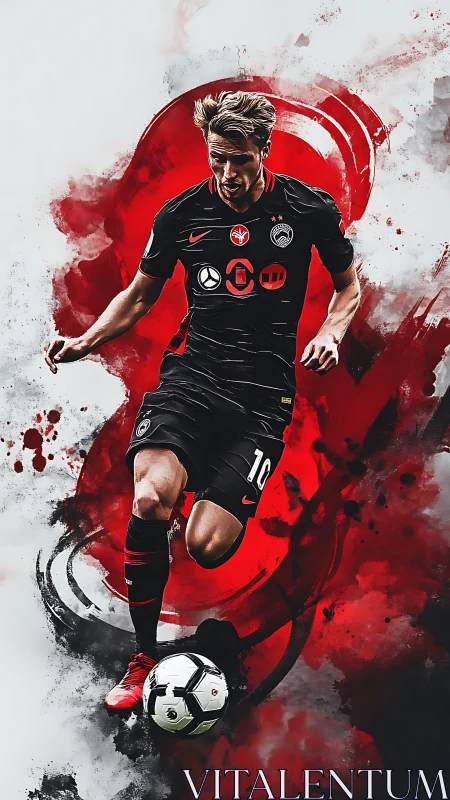 Dynamic football striker amid red abstract energy field.
