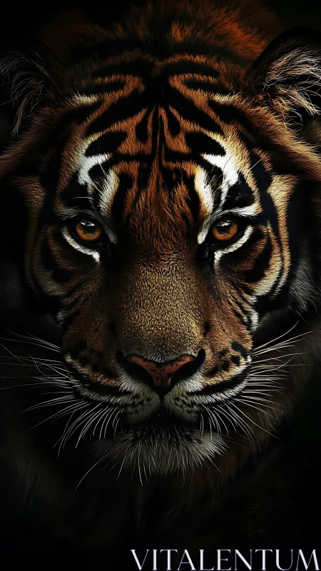 Tiger face rendered in high contrast close-up frontal view
