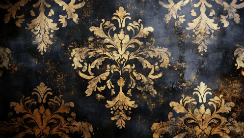 Ornate gold damask flourishes on distressed dark ground.