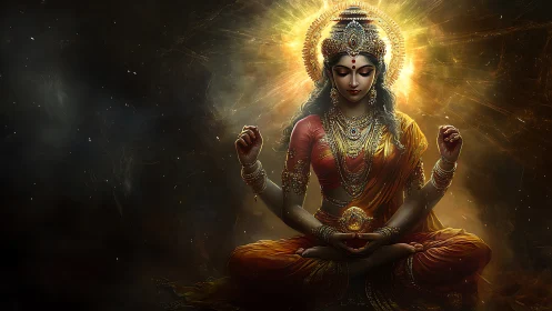 Radiant goddess in meditation glows within cosmic light.