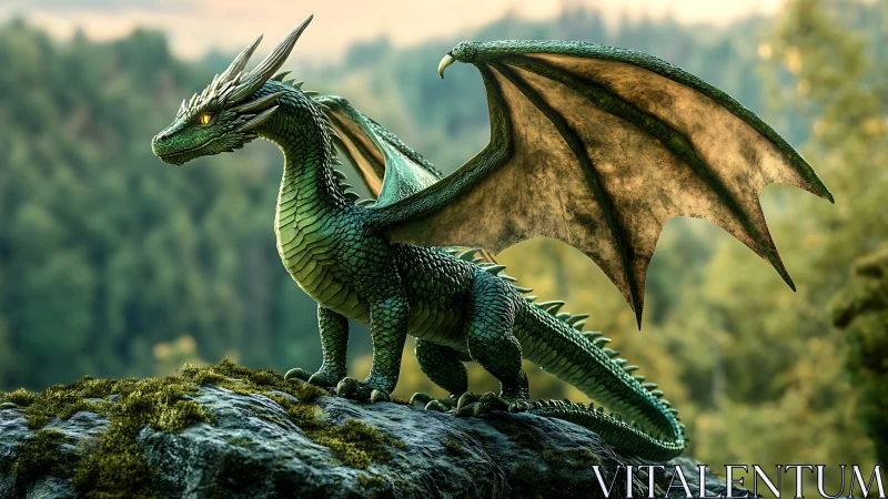 High-fidelity emerald dragon model on mossy cliff ledge.