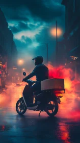 Delivery rider waits on scooter in neon lit wet street