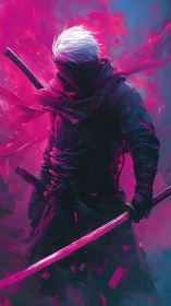 Hooded swordsman with dual katanas stands in neon pink mist