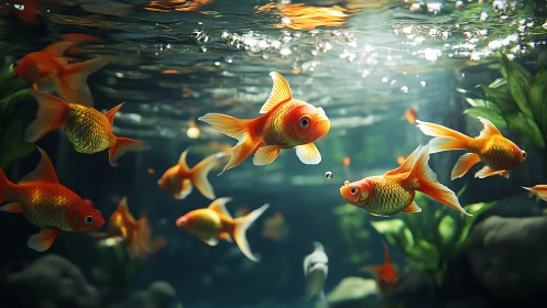 Photorealistic shoal of orange goldfish in planted aquarium