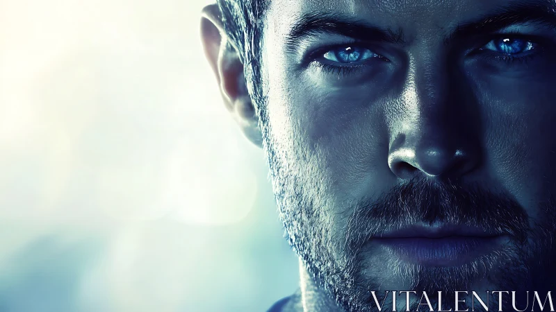 Electric blue gaze in a cool, cinematic portrait close-up.