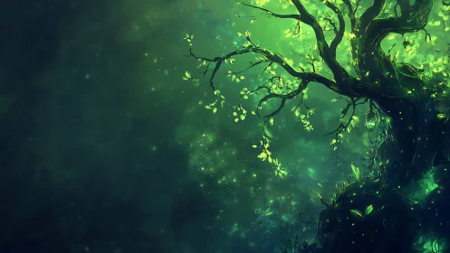 Bioluminescent forest tree rendered in ethereal green haze