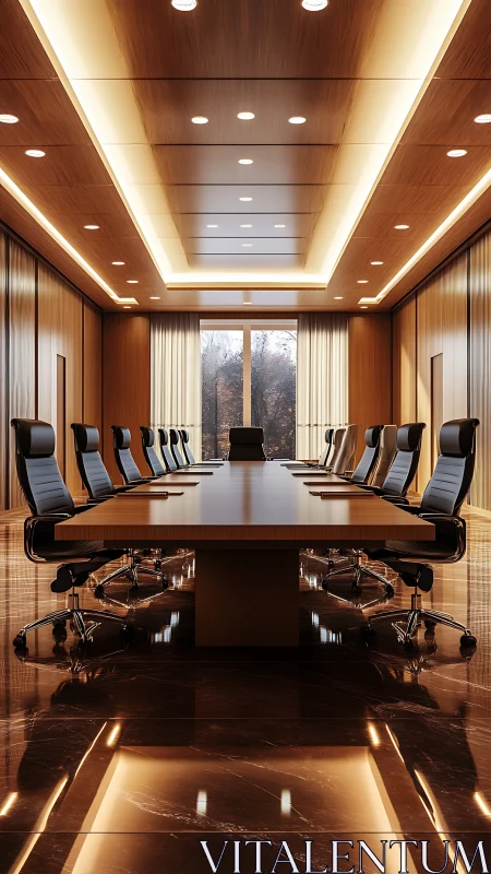 Long wood-panelled conference room contains aligned seating