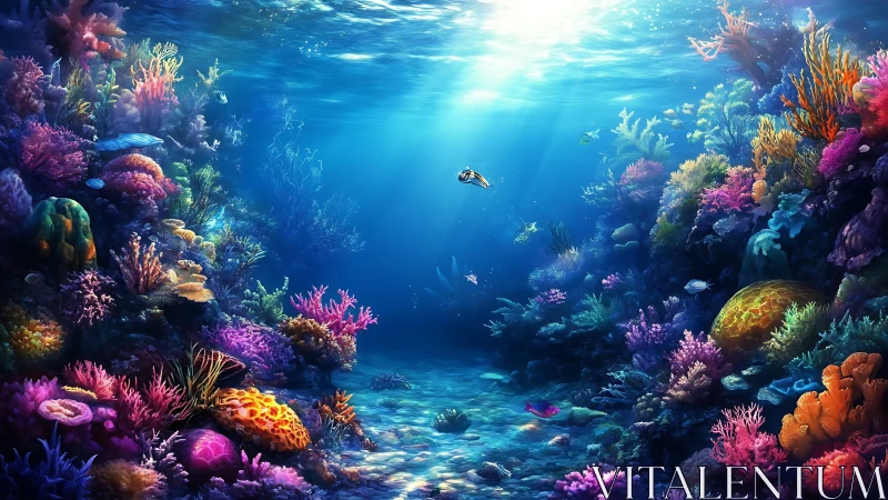 Radiant coral canyon beneath shimmering ocean light beams.