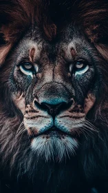 Close frontal portrait of adult male lion in low light.