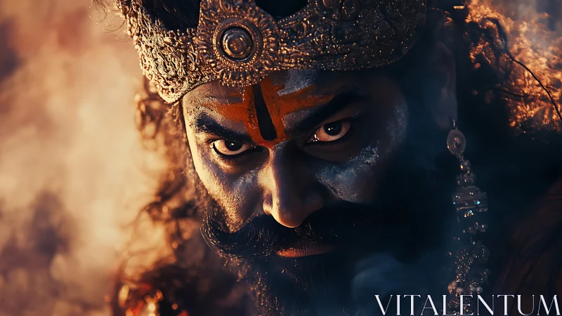 Intense mythic warrior stares through firelit ceremonial haze