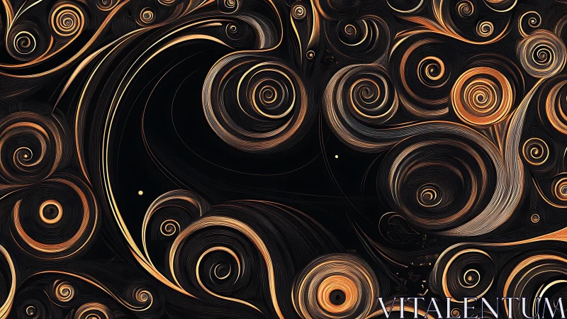Golden spiral vortex field on black ground with line etching