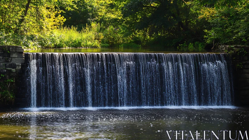 Tranquil forest waterfall with stone dam in vibrant sunlight.