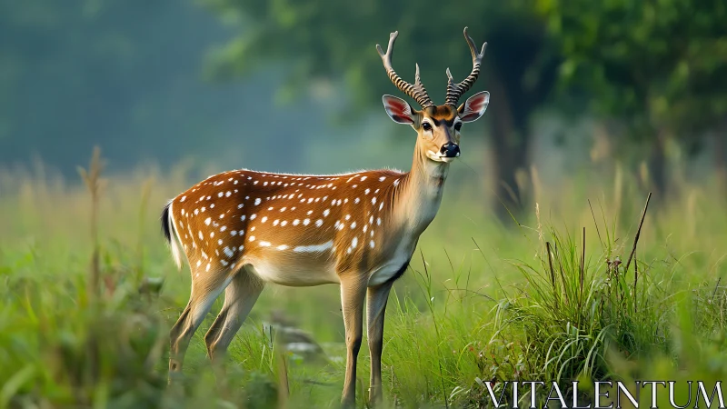 Spotted deer stands alert in lush green forest meadow.