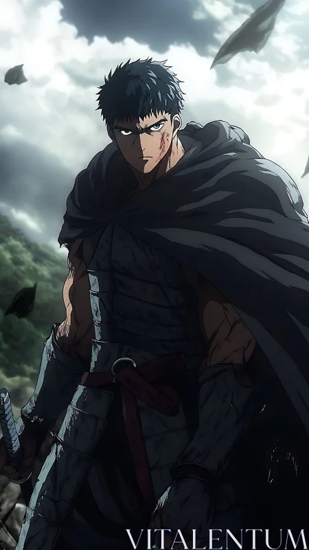 Battle-scarred warrior under storm-lit dramatic skies.