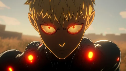 Intense cyborg warrior with glowing eyes at dusk.