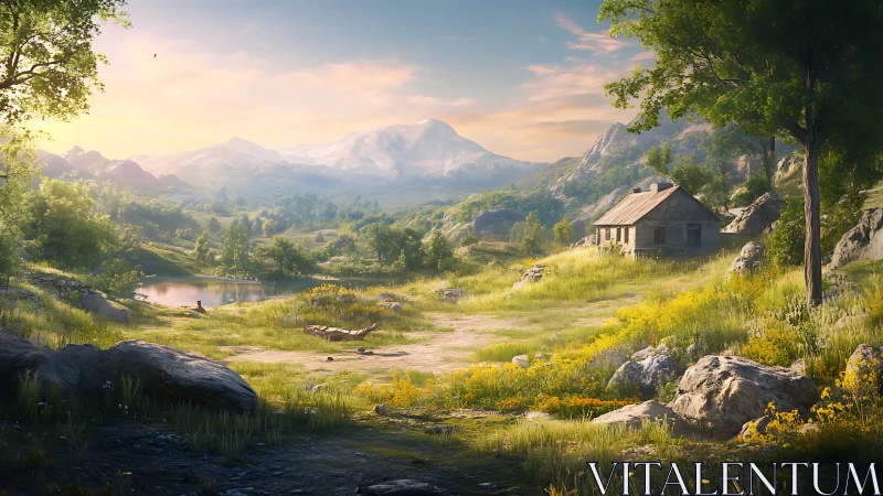 Sunlit mountain valley with rustic cabin in detailed digital art