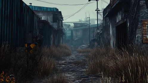 Moody abandoned alleyway softened by wild street grass.