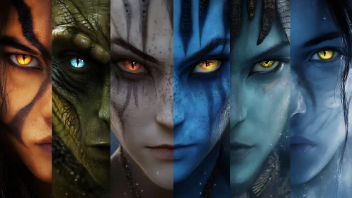 Alien hybrid portraits align in luminous chromatic sequence.