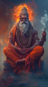 Fiery ascetic yogi in meditation with glowing ember aura.