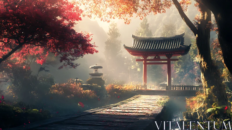 Morning light welcomes a tranquil red gate in autumn woods