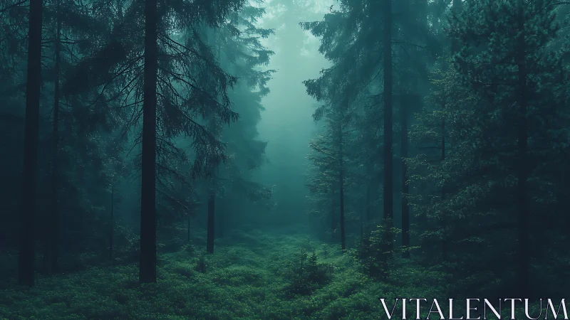 Misty Forest Path Through Towering Pines.