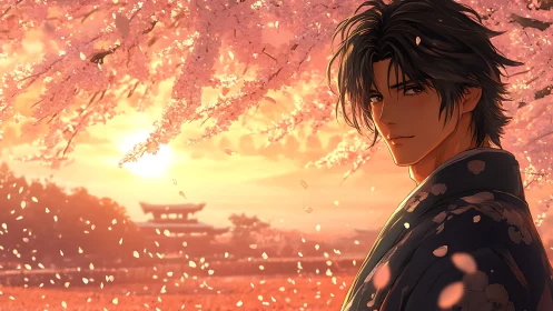 Cherry blossom sunset with contemplative man in kimono portrait.