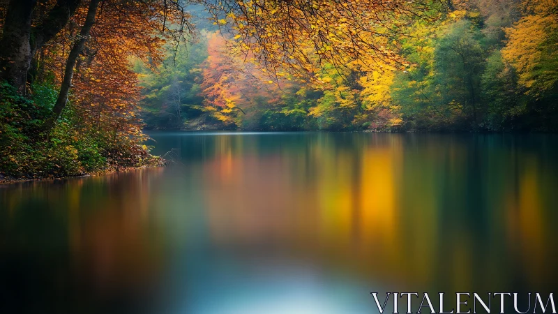 Silent autumn lake mirroring a forest of glowing embers.
